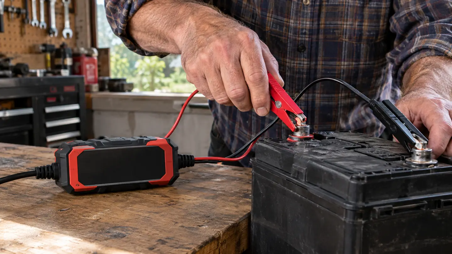 A hand connecting a battery maintainer clamp to a truck battery terminal