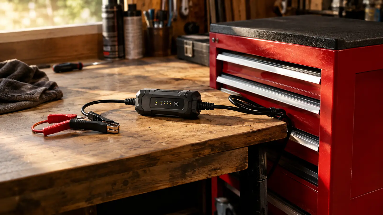 A battery maintainer resting on a garage workbench beside a tool chest