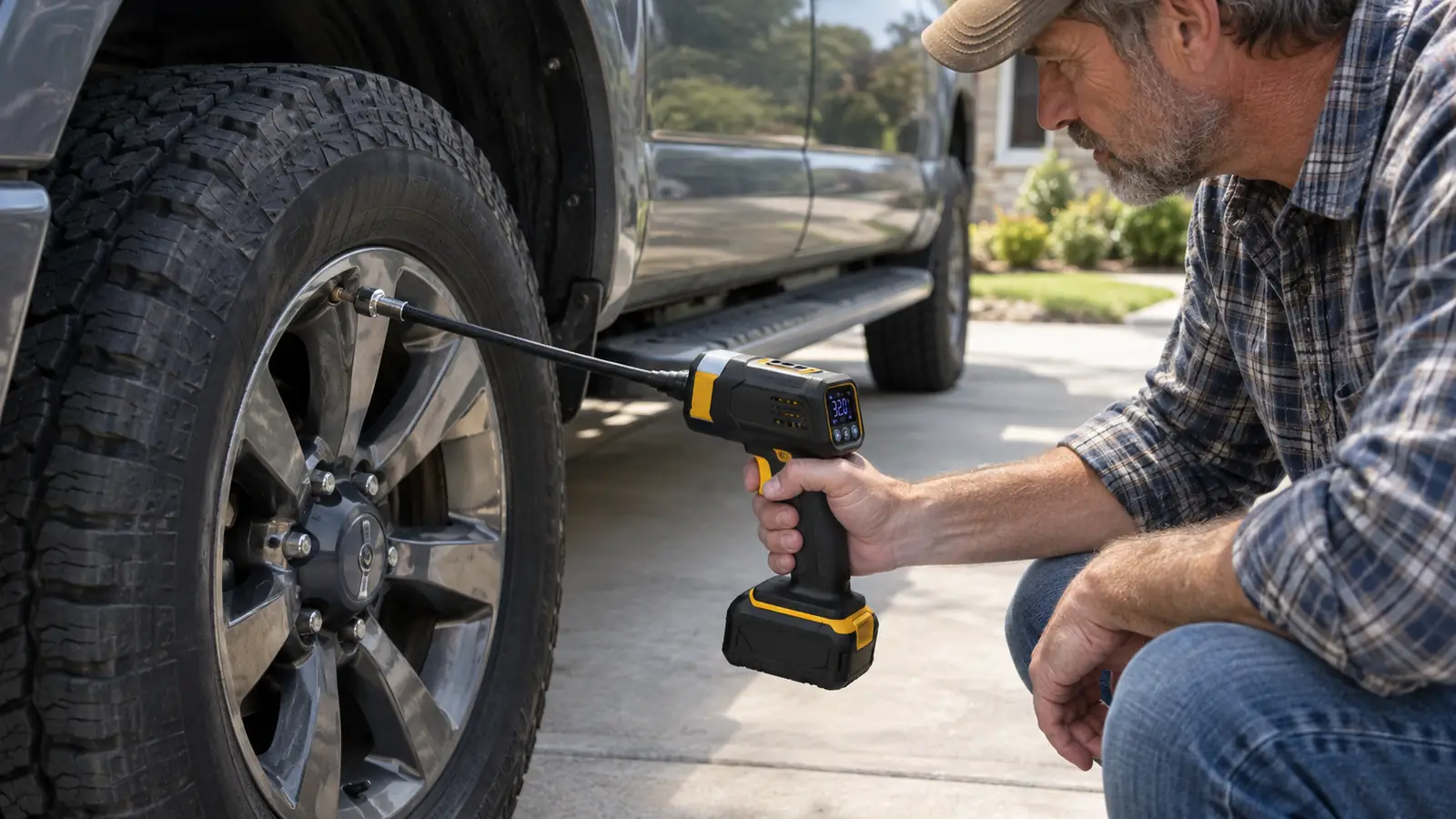 A hand holding a cordless tire inflator while airing up a pickup truck tire