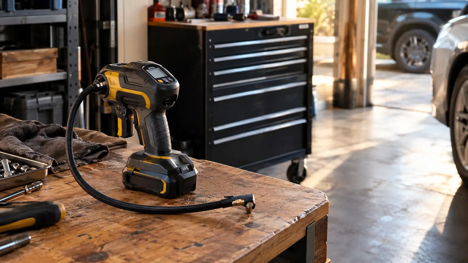 A cordless tire inflator on a workbench in a garage with a tool chest behind it