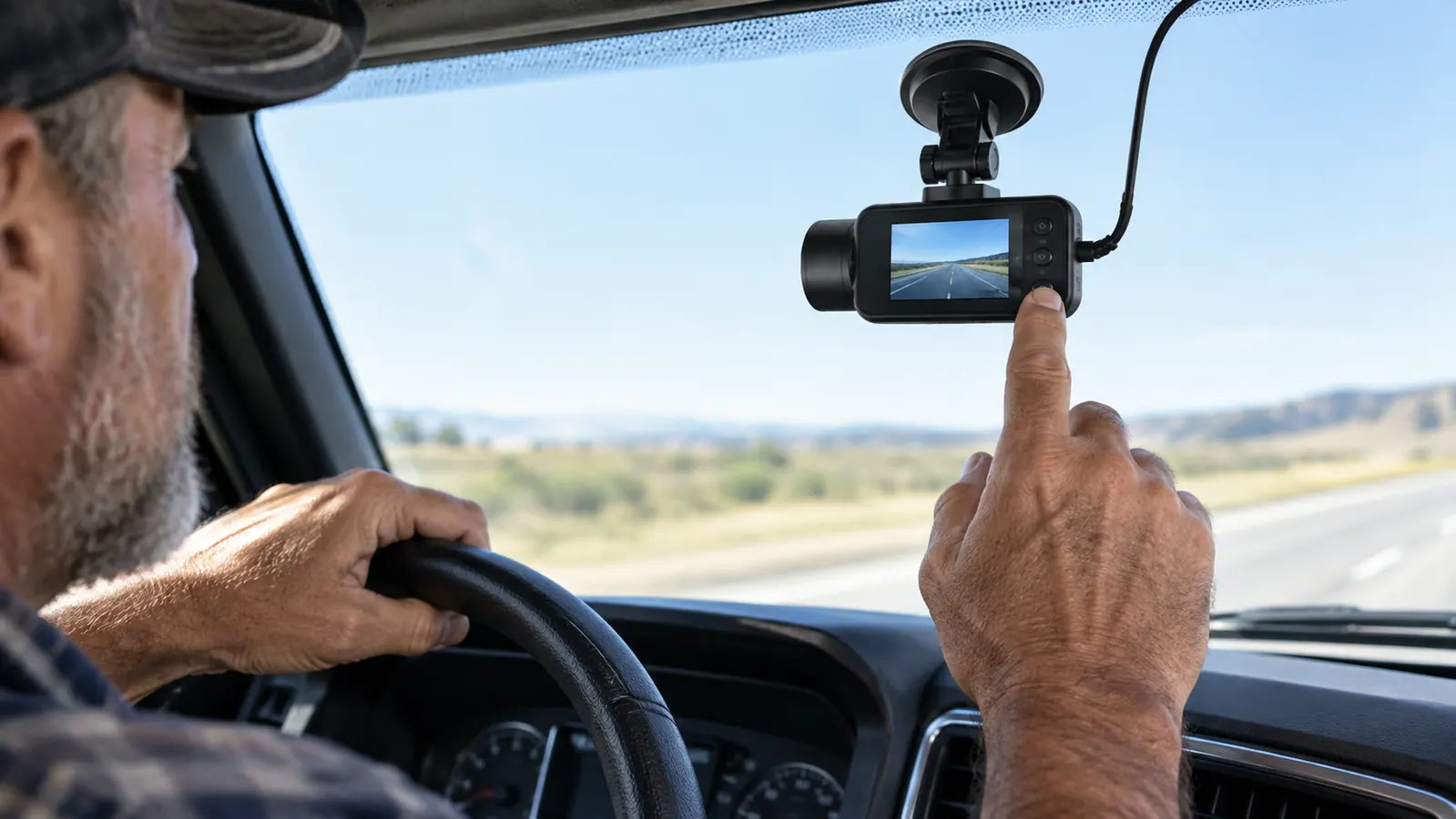 A hand pressing the button on a dash cam mounted in a pickup truck