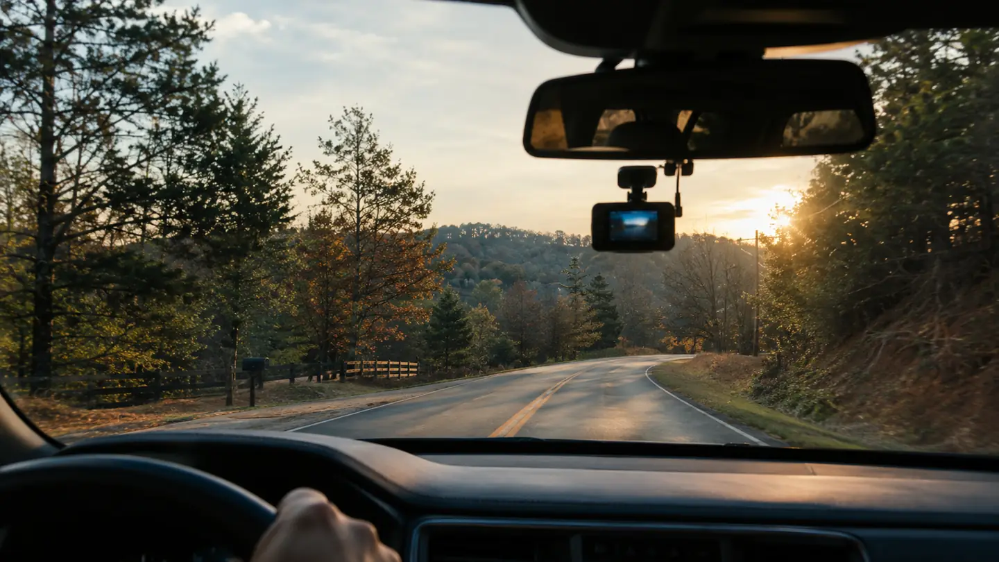 A dash cam mounted on a windshield with a view of a rural road and trees