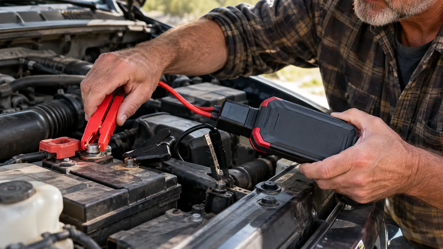 A hand connecting a small jump starter clamp to a car battery terminal
