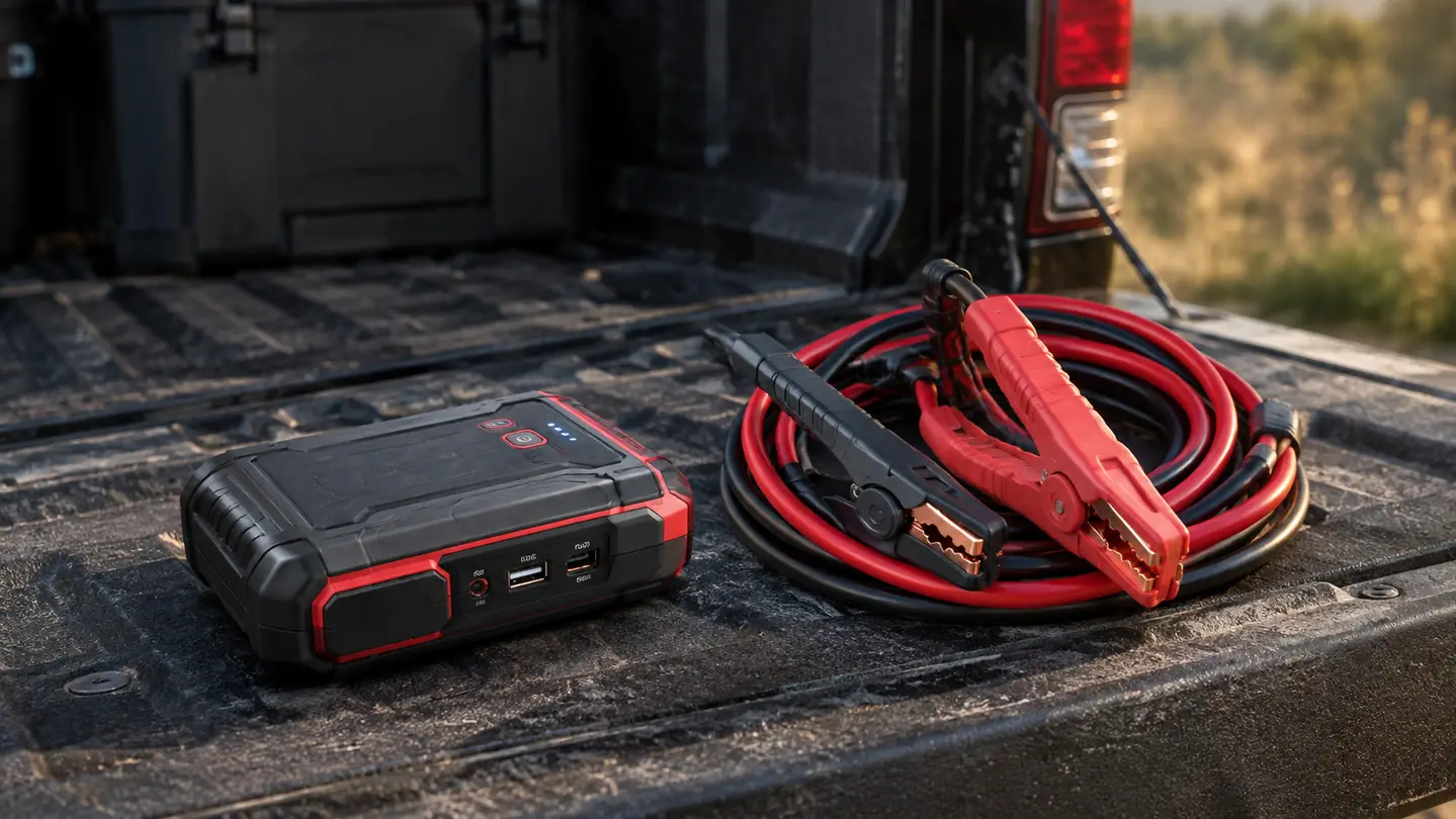 A jump starter sitting on a pickup truck tailgate next to a pair of jumper cables