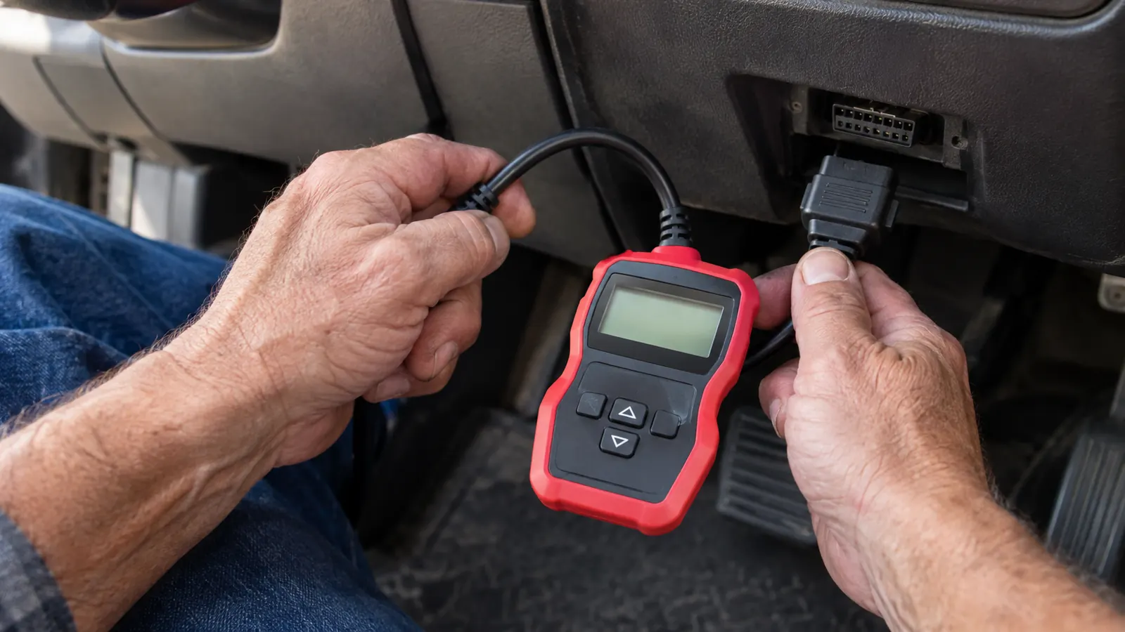 A hand plugging a small code reader into the diagnostic port under the dashboard of a pickup truck