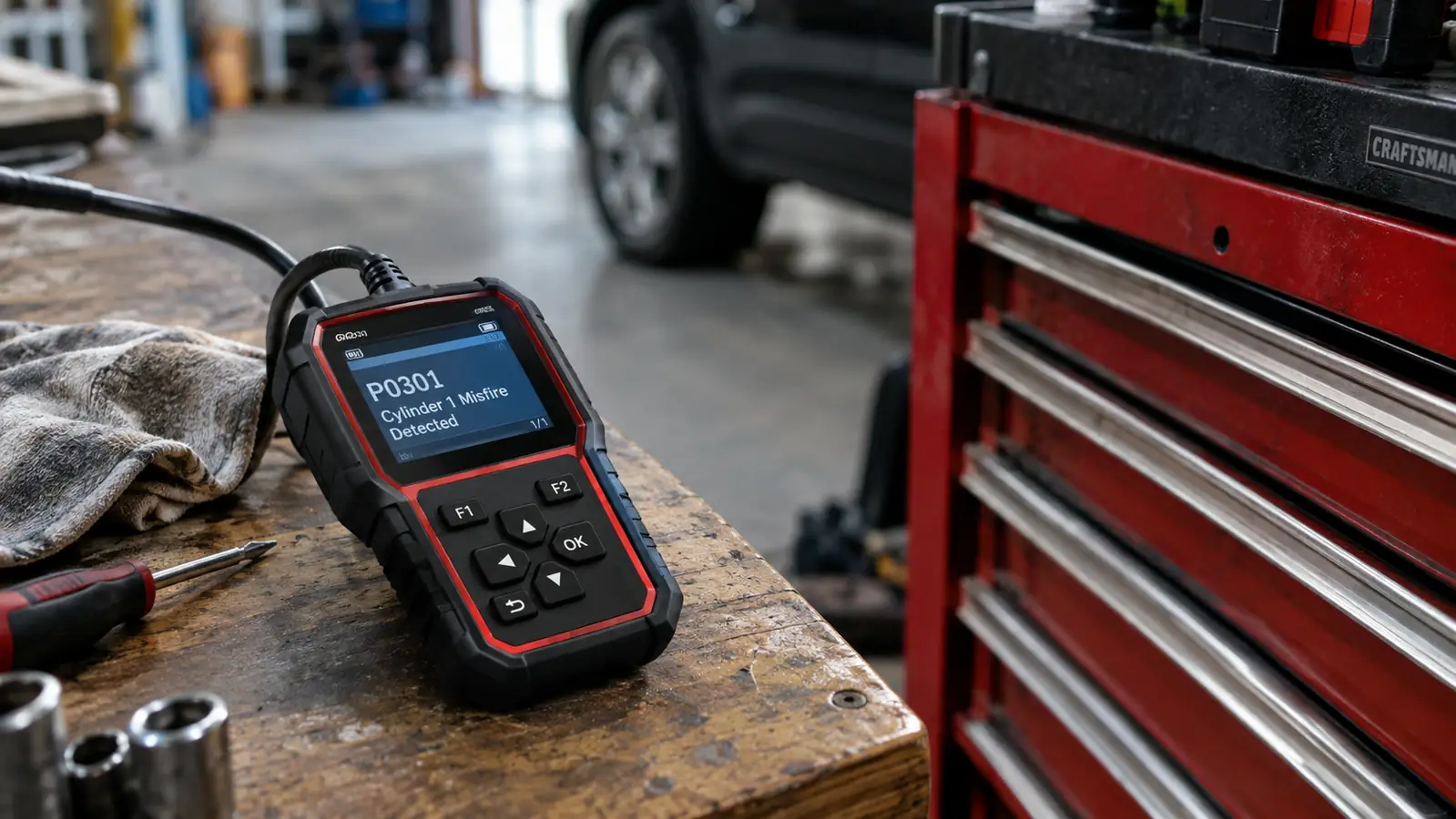 A small code reader showing a code on its screen while resting on a workbench next to a rolling tool chest