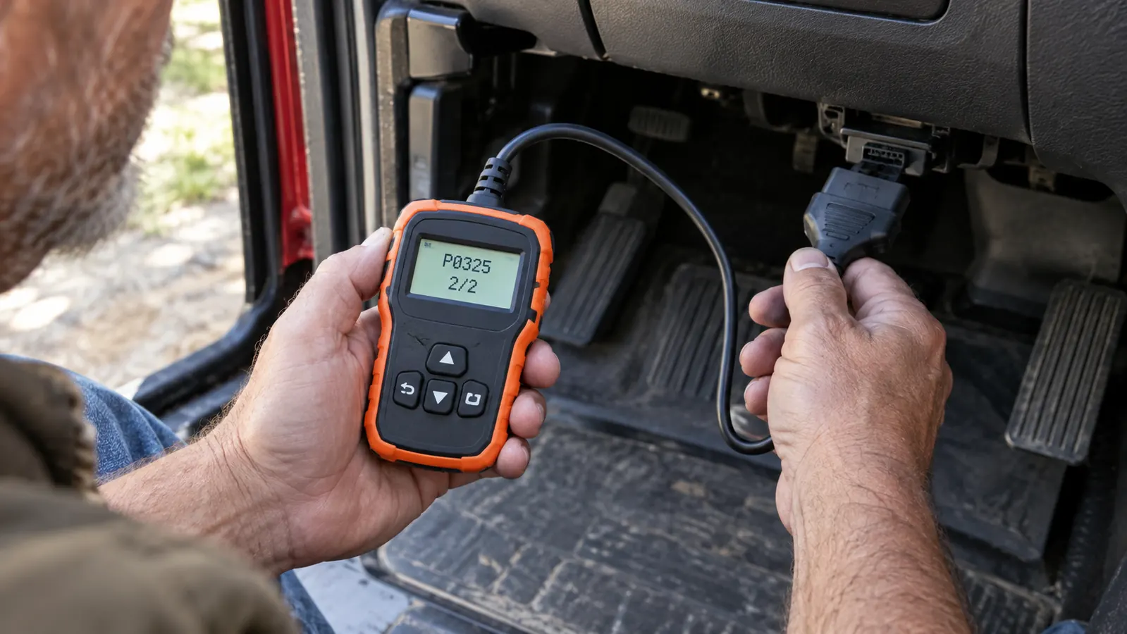 A hand holding a small black OBD2 scanner plugged into the port under a pickup truck's dashboard