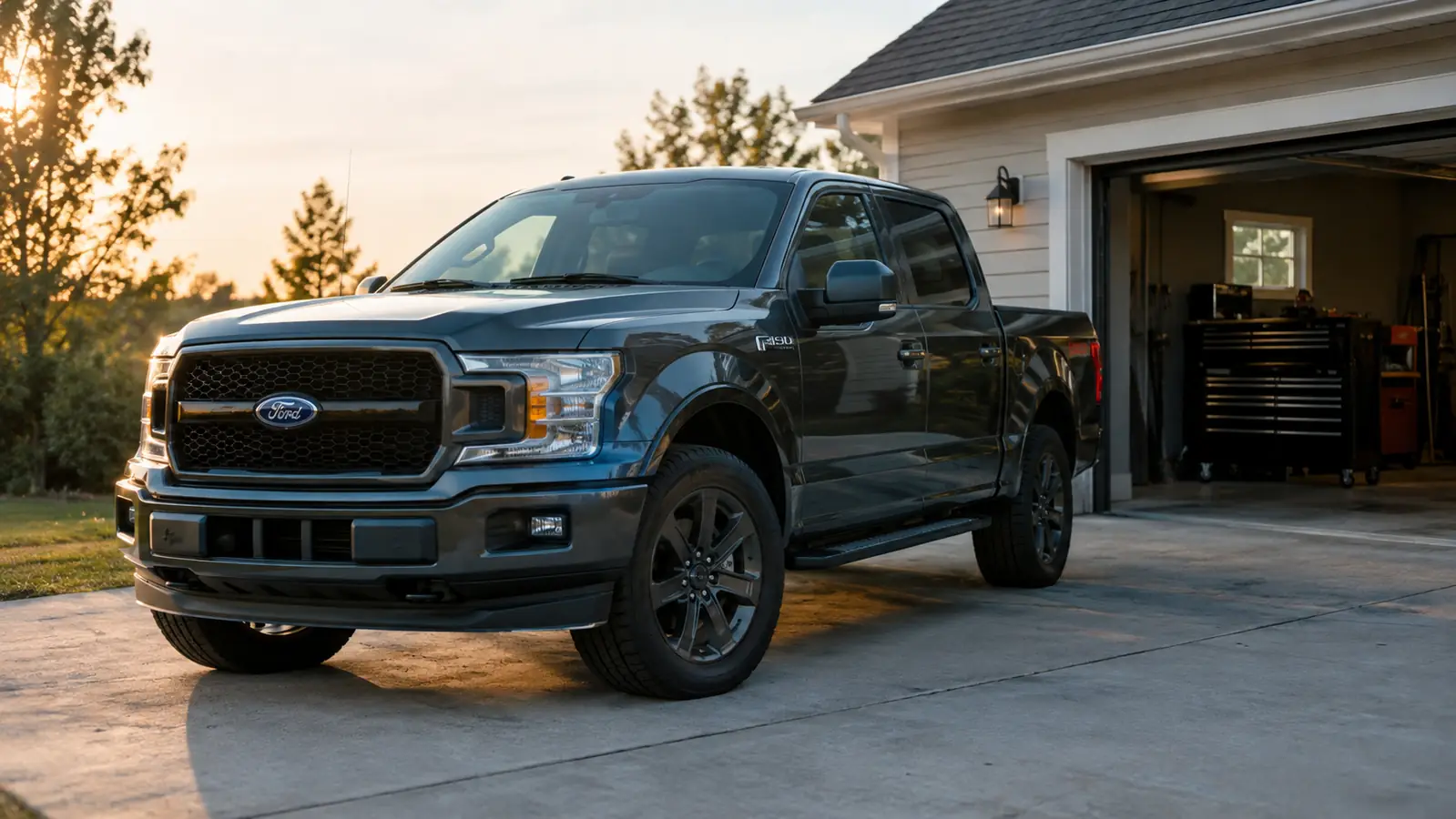 A pickup truck parked on a concrete driveway beside a two-car garage with a rolling tool chest visible inside