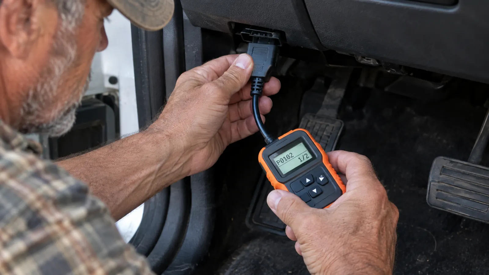 A hand holding a small code reader plugged into the diagnostic port under the dashboard of a pickup truck