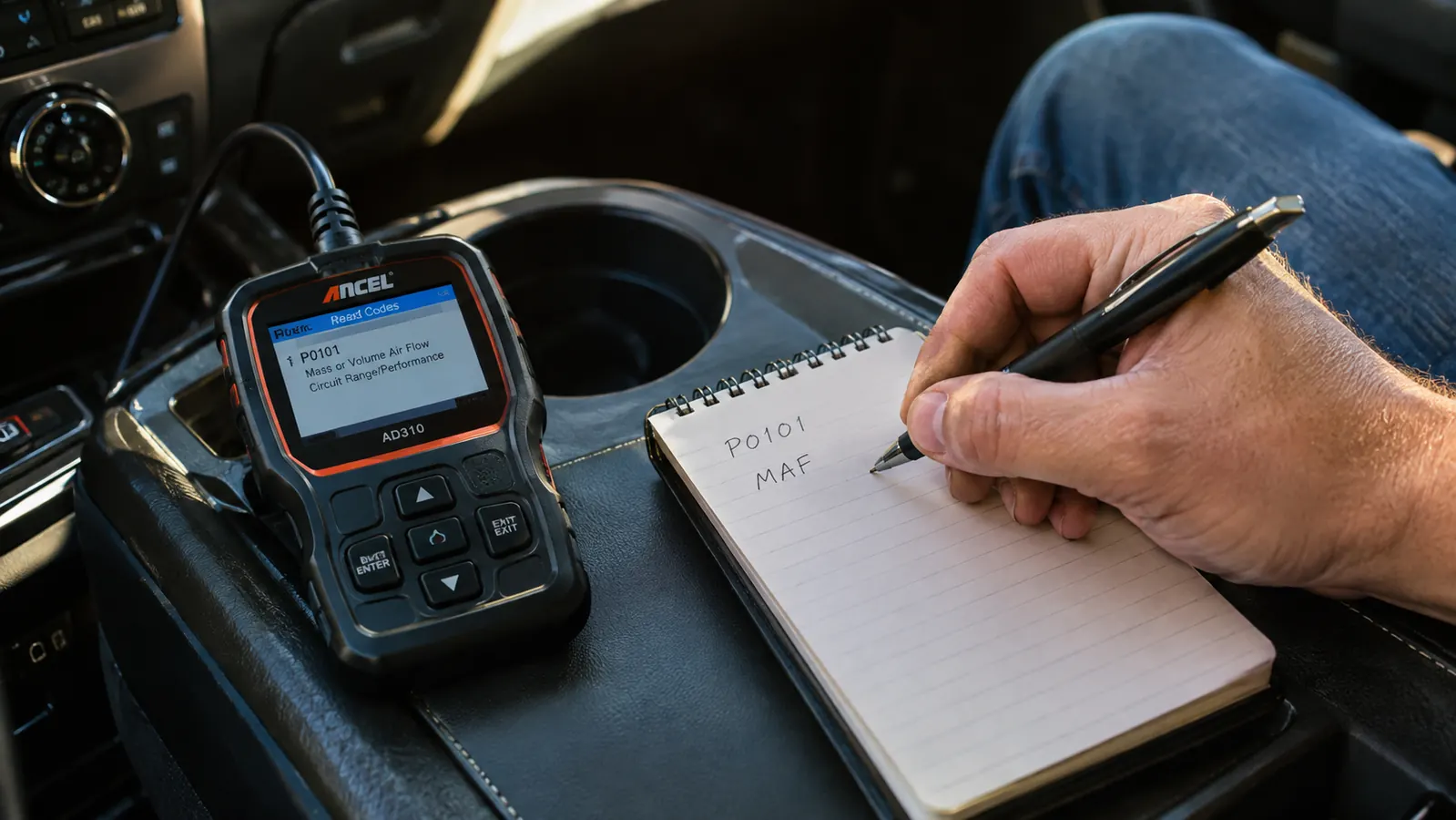 A trouble code written in a small notebook on a truck console next to a code reader