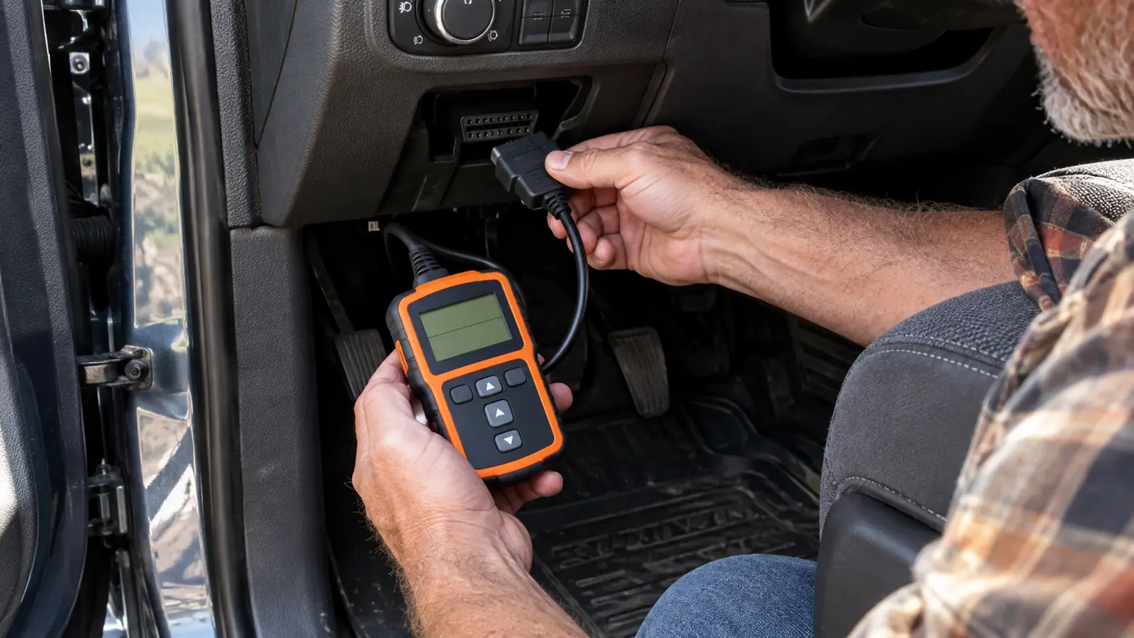 A hand plugging a small code reader into the diagnostic port under the dashboard of a pickup truck