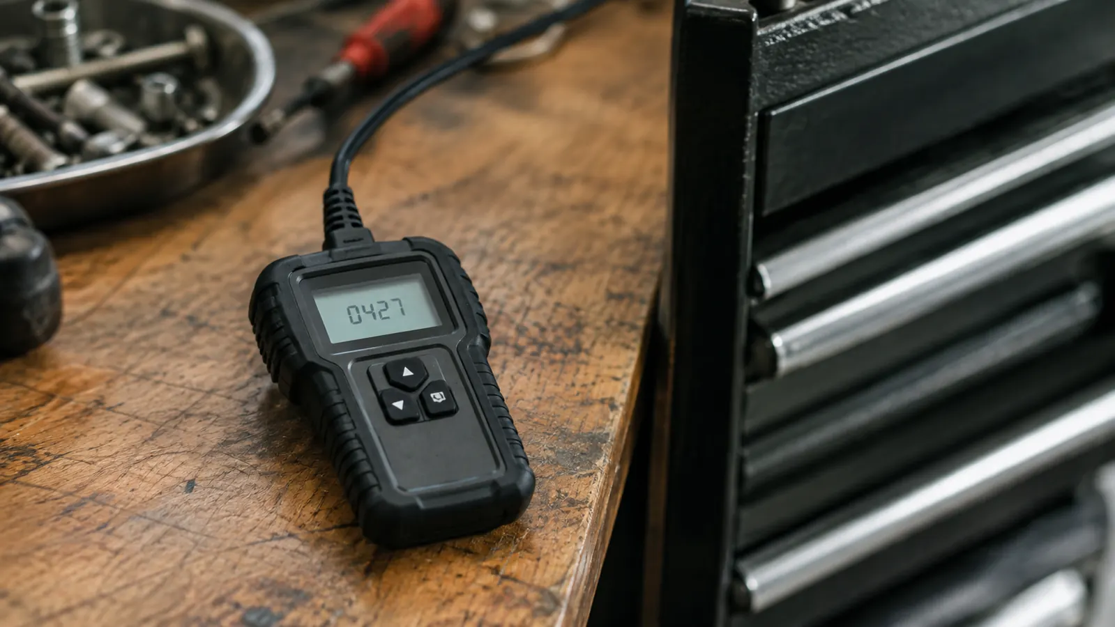 A small code reader showing a four digit code on its display, held over a workbench