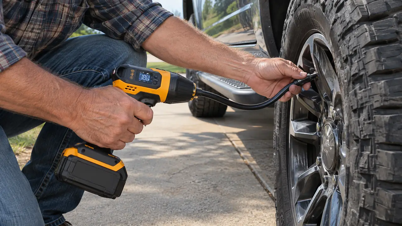 A hand attaching a cordless tire inflator hose to a tire valve on a pickup truck
