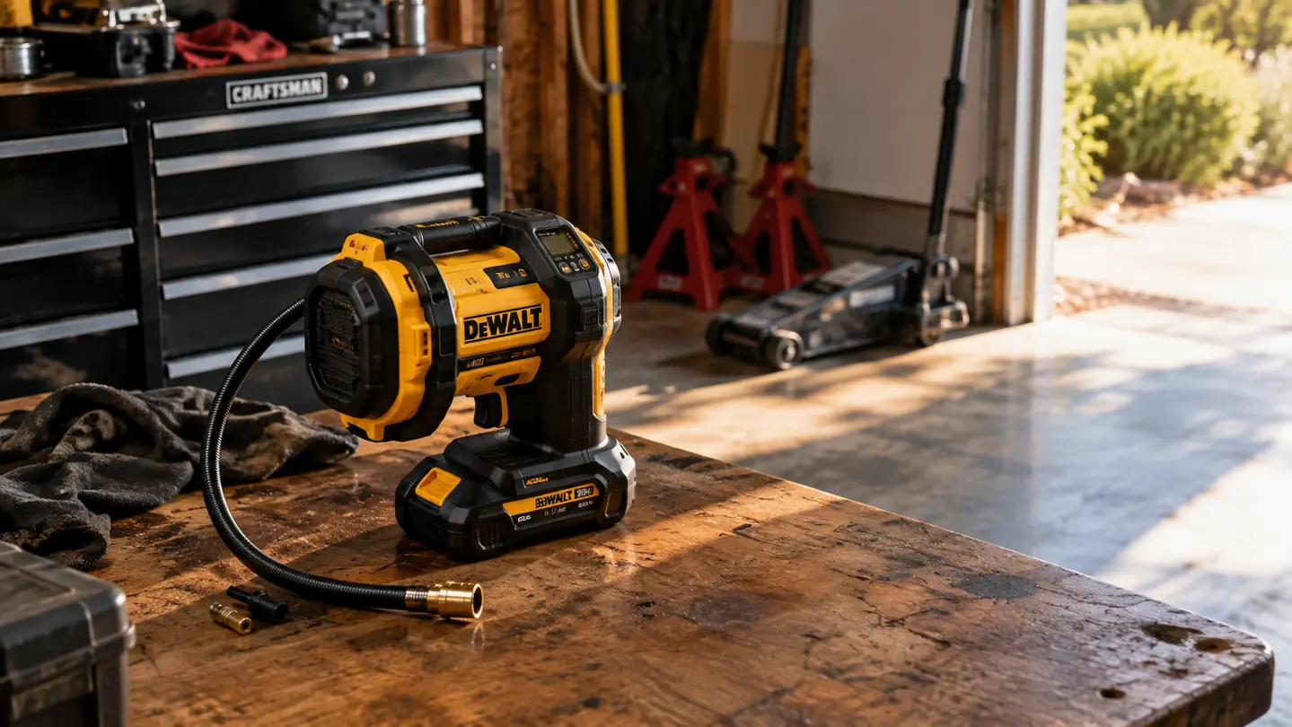 A cordless tire inflator on a workbench in a garage with a rolling tool chest in the background