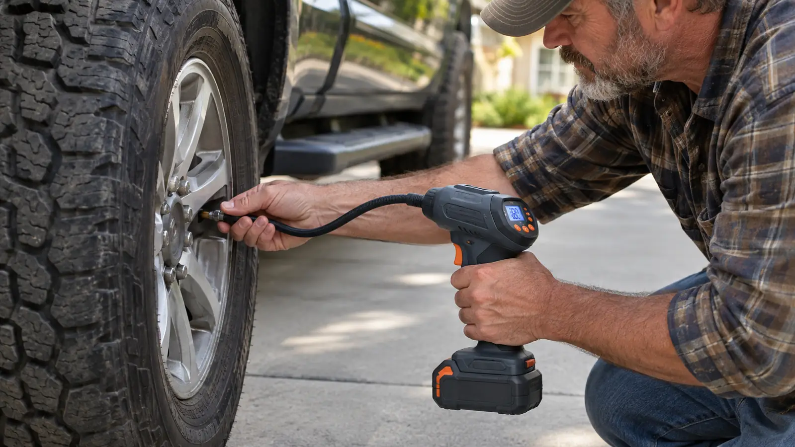 A hand attaching a tire inflator hose to a valve stem on a pickup truck tire