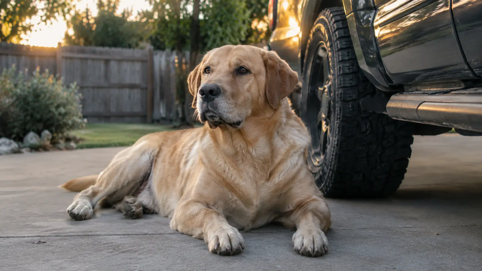 A large dog resting on a concrete driveway next to a pickup truck