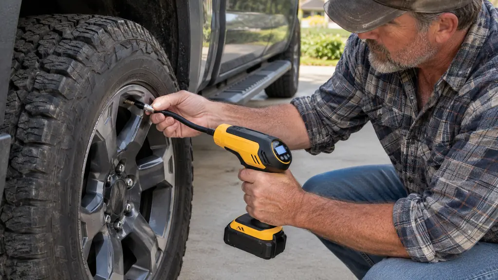 A hand attaching the inflator hose to a tire valve stem on a pickup truck