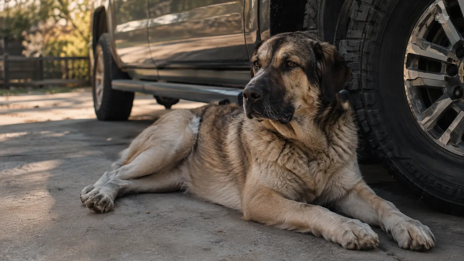 A large dog lying on a concrete driveway in the shade next to a pickup truck