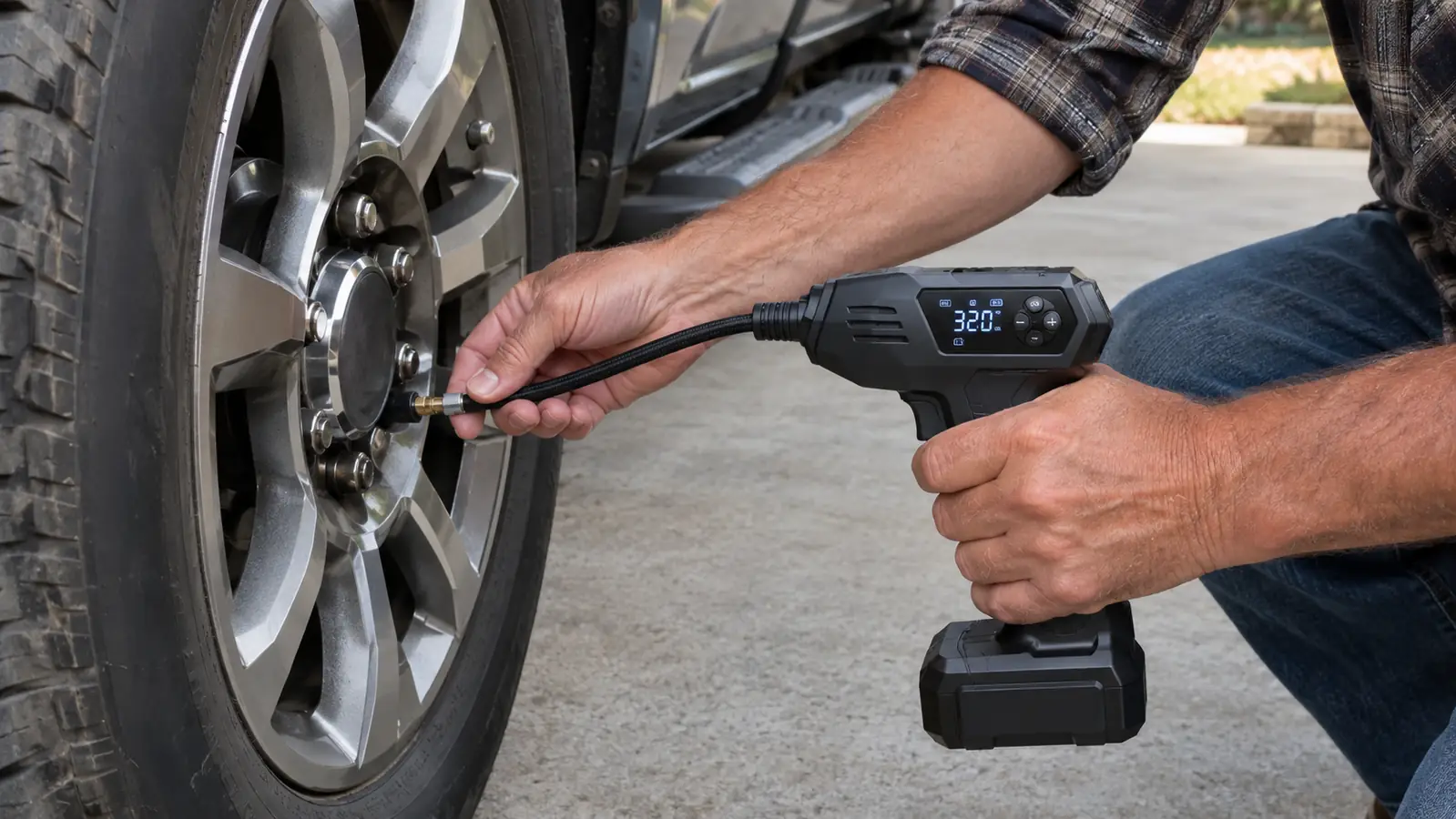 A hand holding a cordless tire inflator while attaching the hose to a tire valve stem on a pickup truck