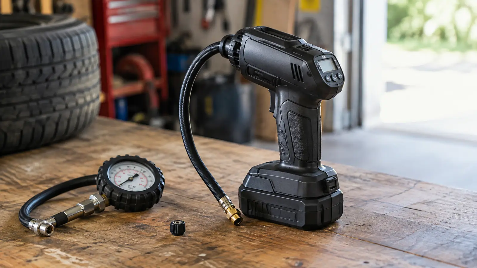 A cordless tire inflator sitting on a workbench next to a tire pressure gauge and a valve cap