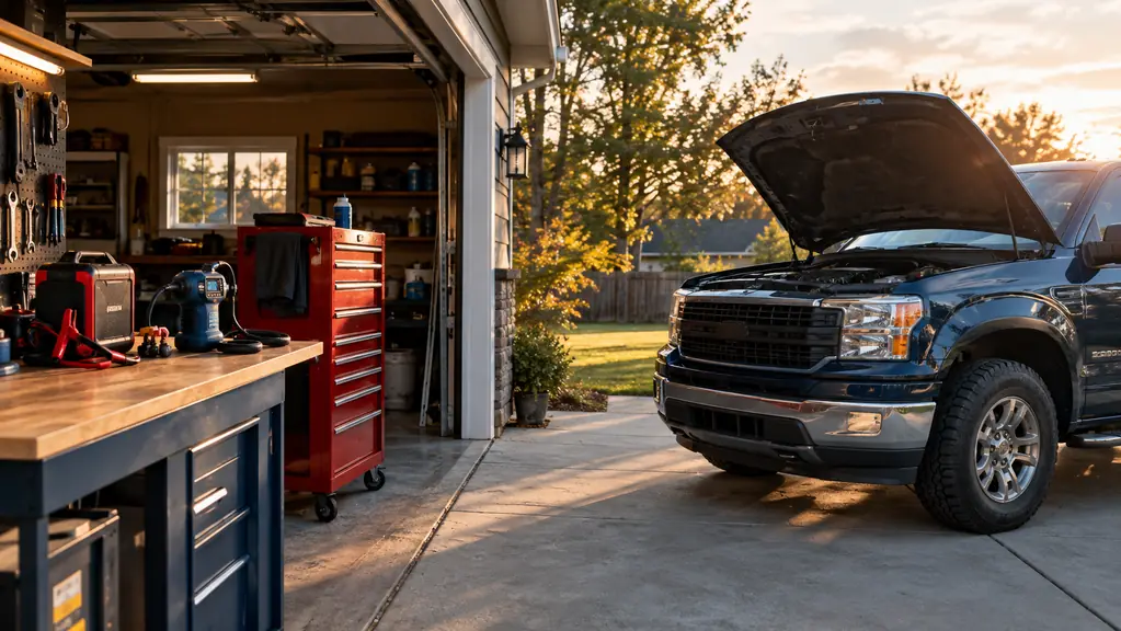 A pickup truck with its hood open on a concrete driveway in front of an open garage, with a tool chest and car accessories on the workbench