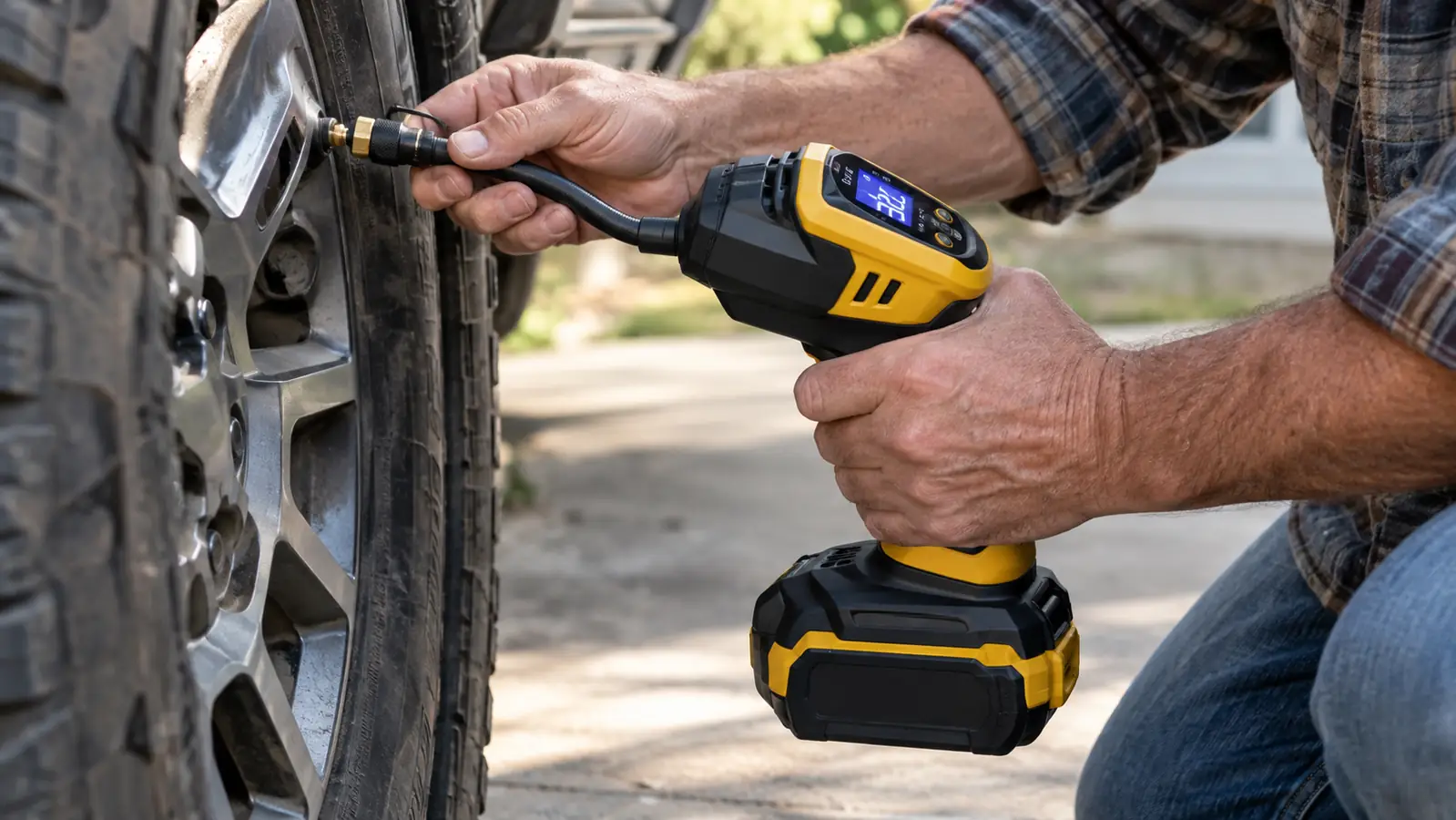 A hand attaching a cordless tire inflator hose to a tire valve stem on a pickup truck