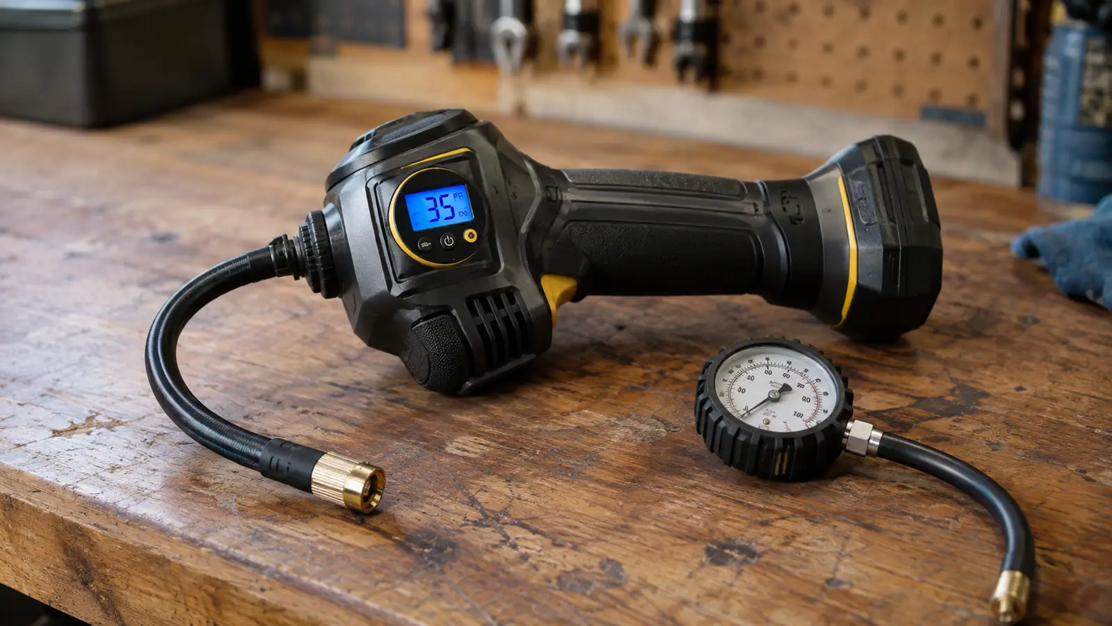 A cordless tire inflator with its digital pressure display showing 35 PSI, resting on a workbench next to a tire pressure gauge