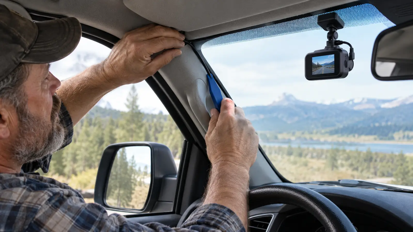 A hand routing a dash cam cable along the edge of a windshield headliner and down the A-pillar