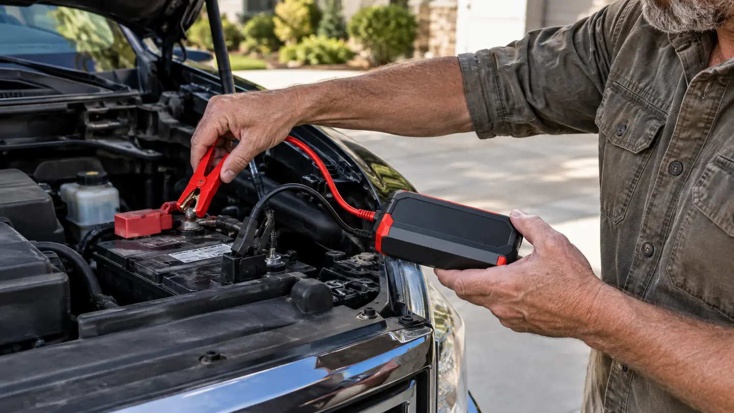A hand connecting a red clamp to the positive battery terminal on a pickup truck while holding a compact jump starter