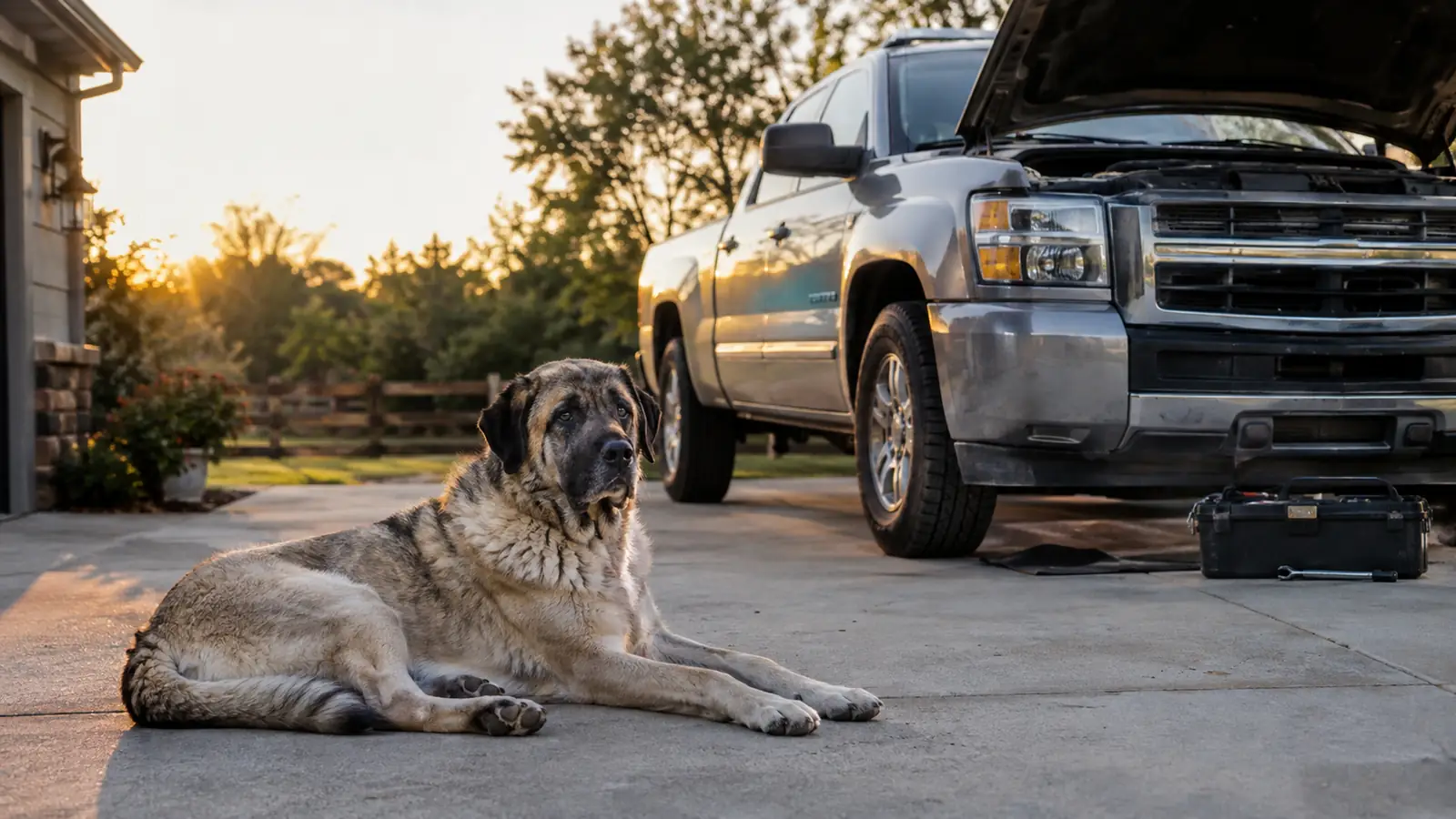 A large dog lying on a concrete driveway next to a pickup truck with the hood open