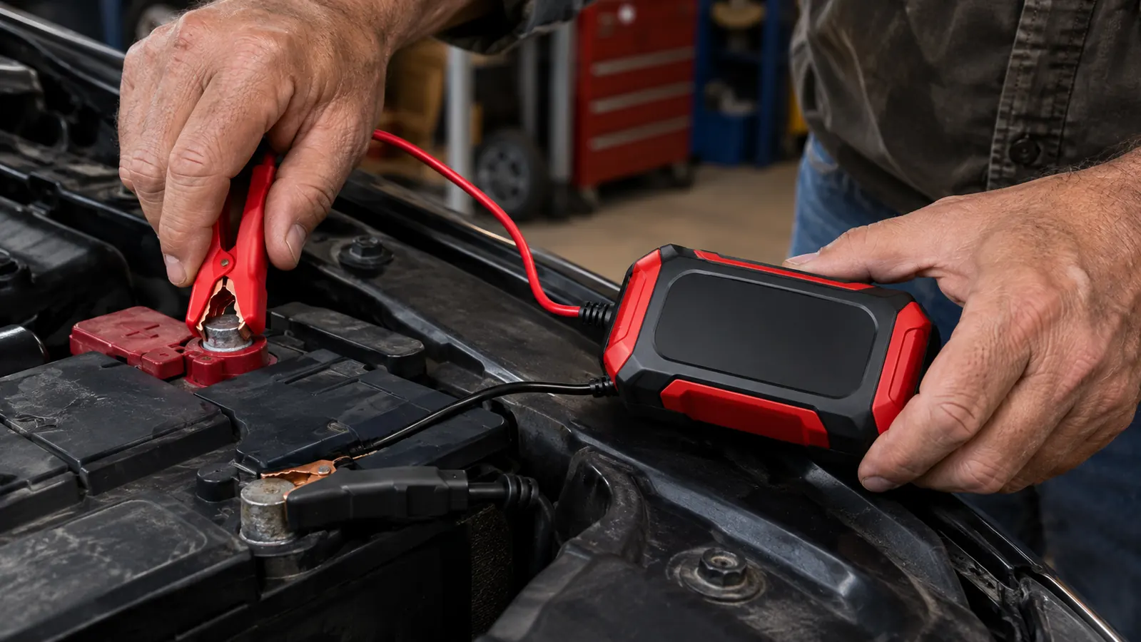 A hand attaching a red clamp to a battery terminal