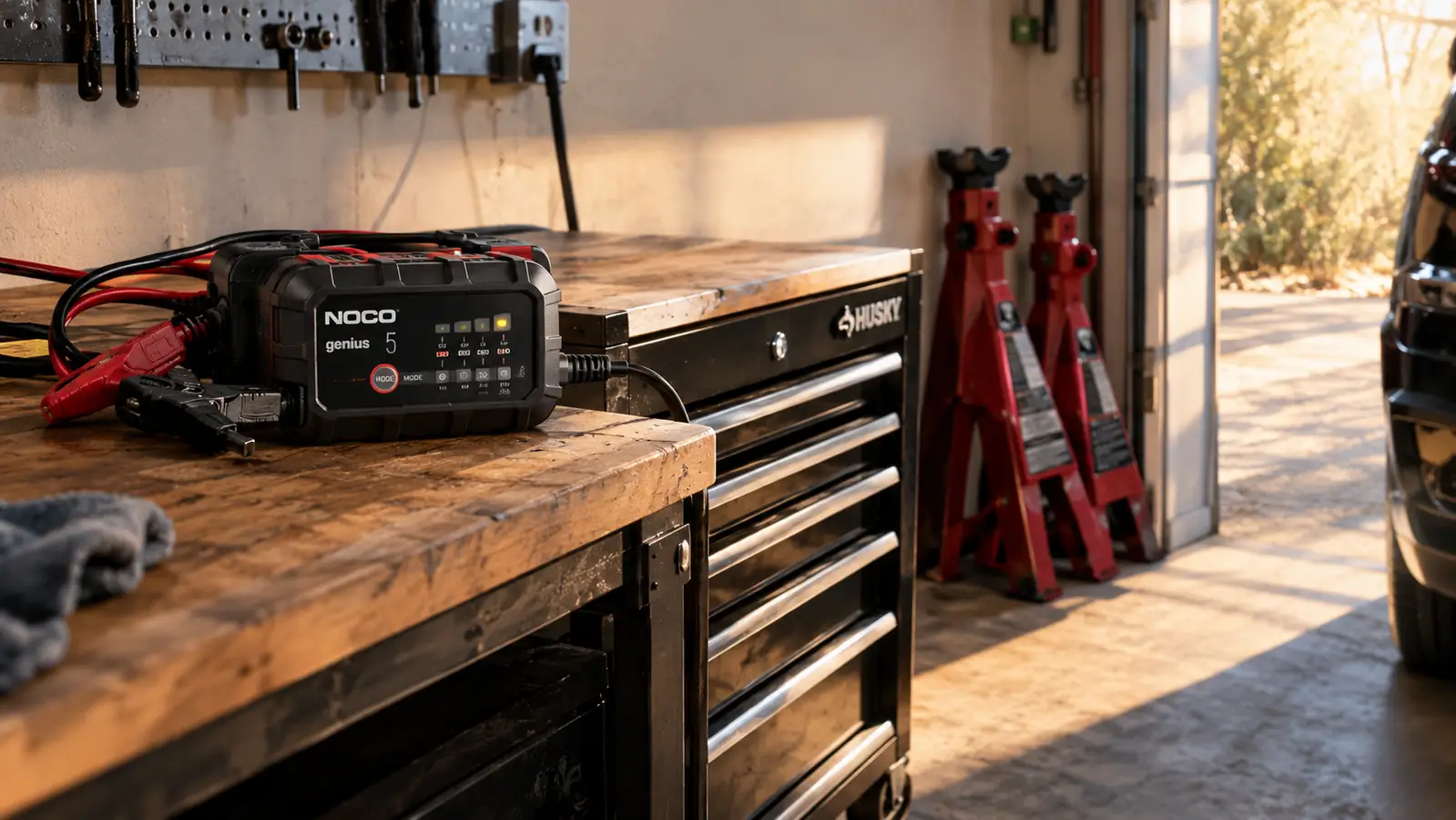 A battery maintainer resting on a garage workbench beside a tool chest