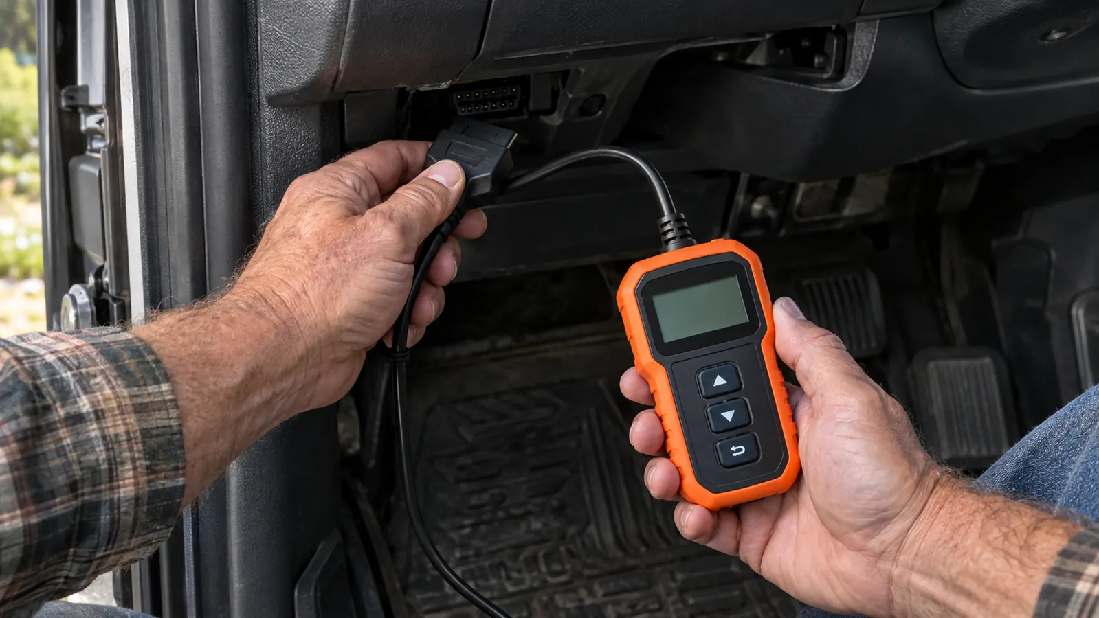 A hand plugging a small handheld scanner into the diagnostic port under the dashboard of a pickup truck