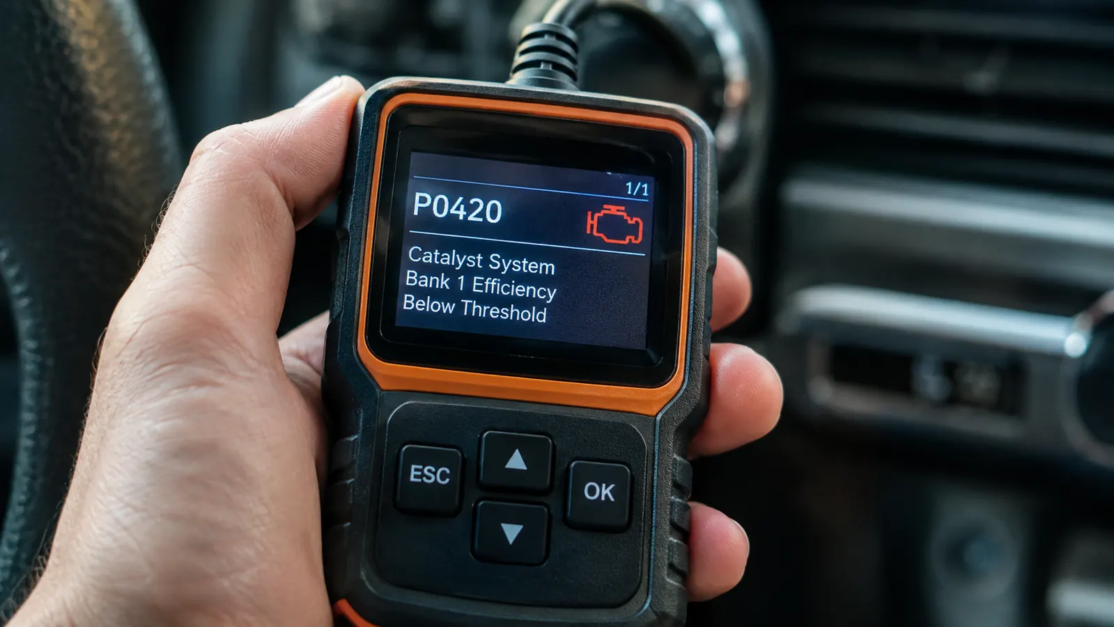 A close-up of a small handheld scanner screen showing a code and a check engine icon
