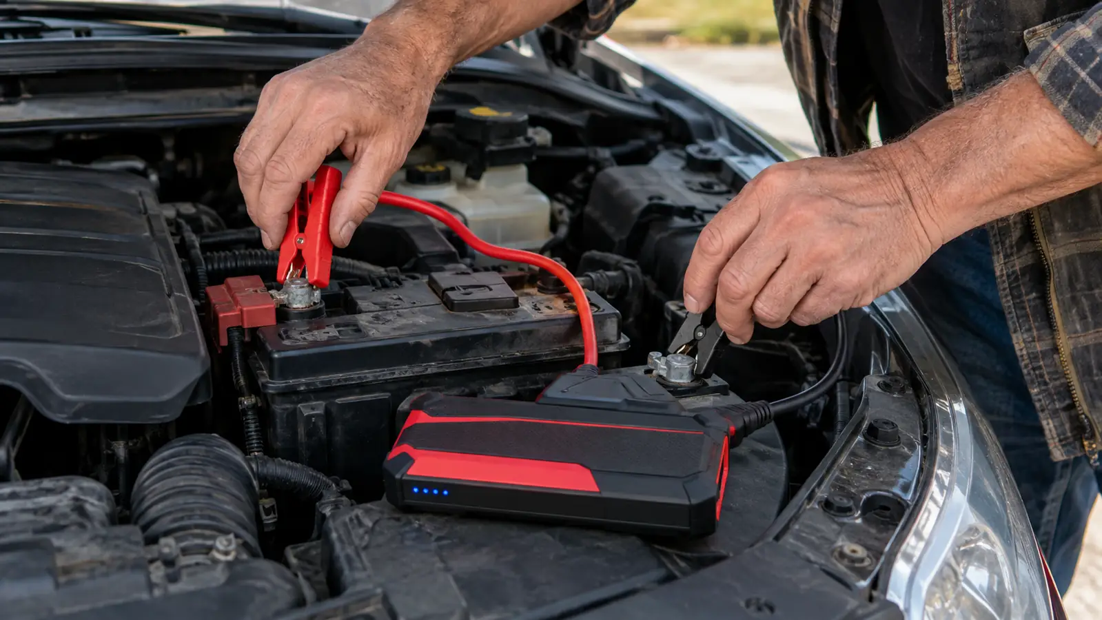 A hand connecting a small jump starter's clamps to a car battery in an open engine bay