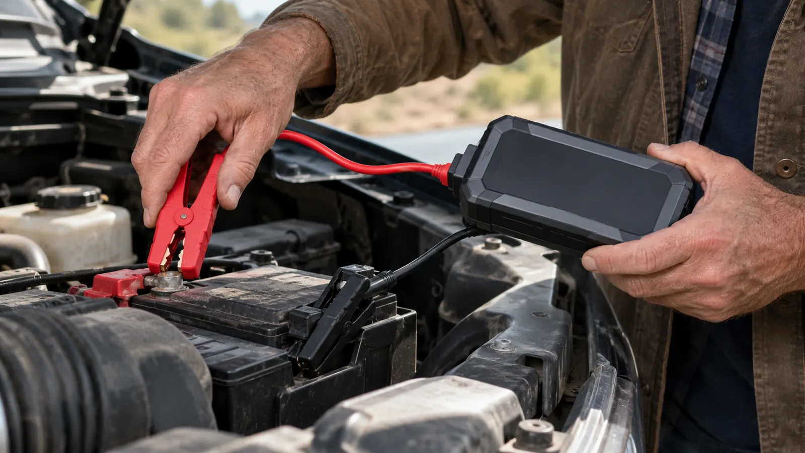 A hand connecting a portable jump starter clamp to a car battery terminal
