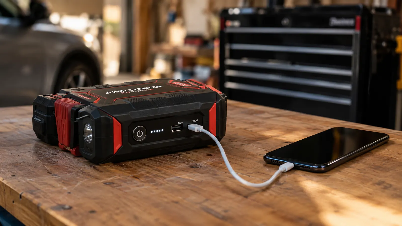 A portable jump starter charging a phone on a workbench in a garage
