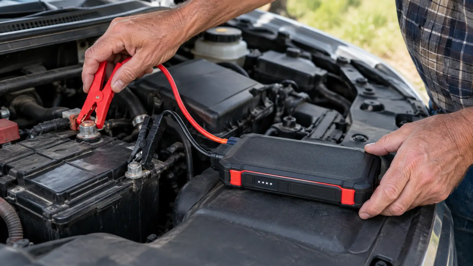 A hand connecting a jump starter clamp to a car battery terminal