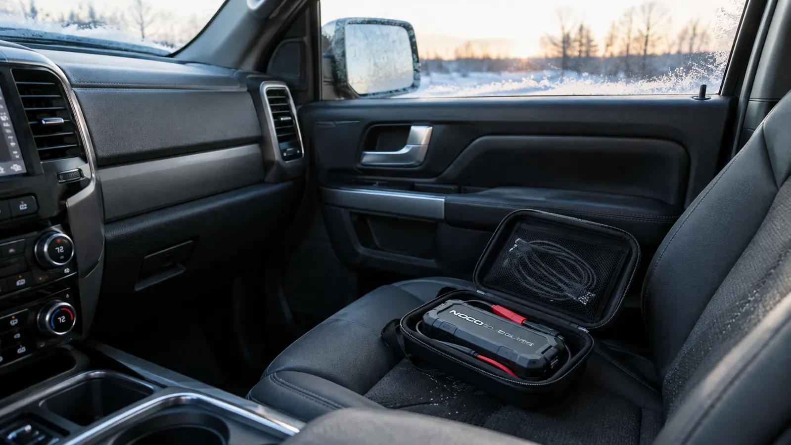 A compact jump starter in its case on a truck seat on a frosty morning