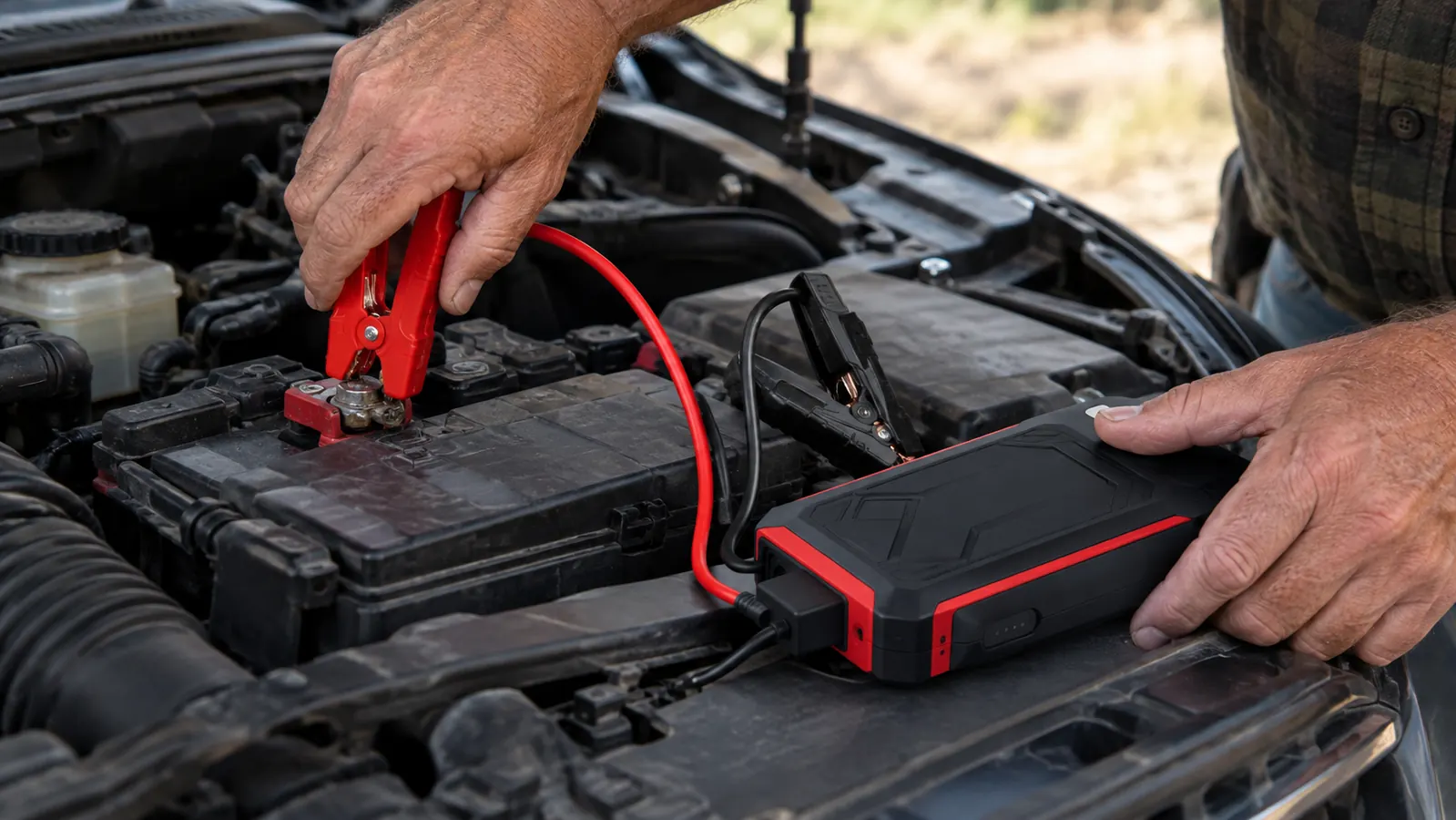 A hand connecting a small jump starter clamp to a pickup truck battery terminal