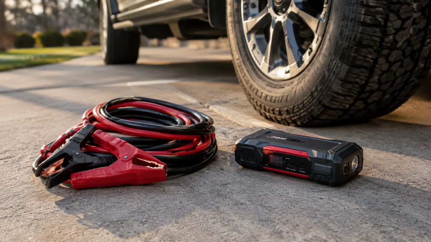 Jumper cables and a compact jump starter side by side on a driveway