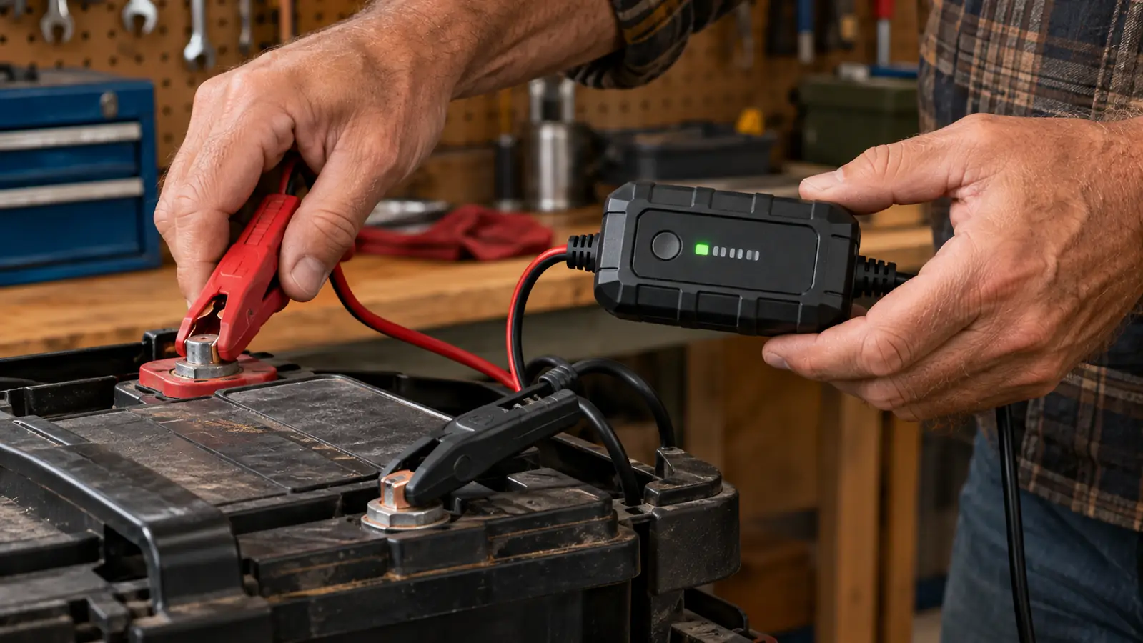 A hand connecting a small battery maintainer to a truck battery terminal