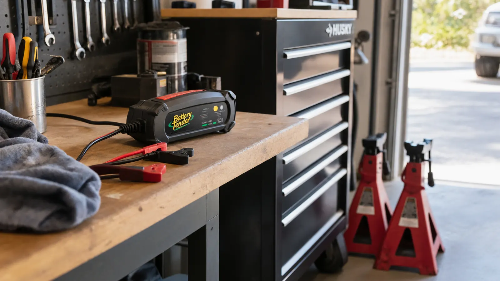 A battery maintainer resting on a garage workbench beside a rolling tool chest