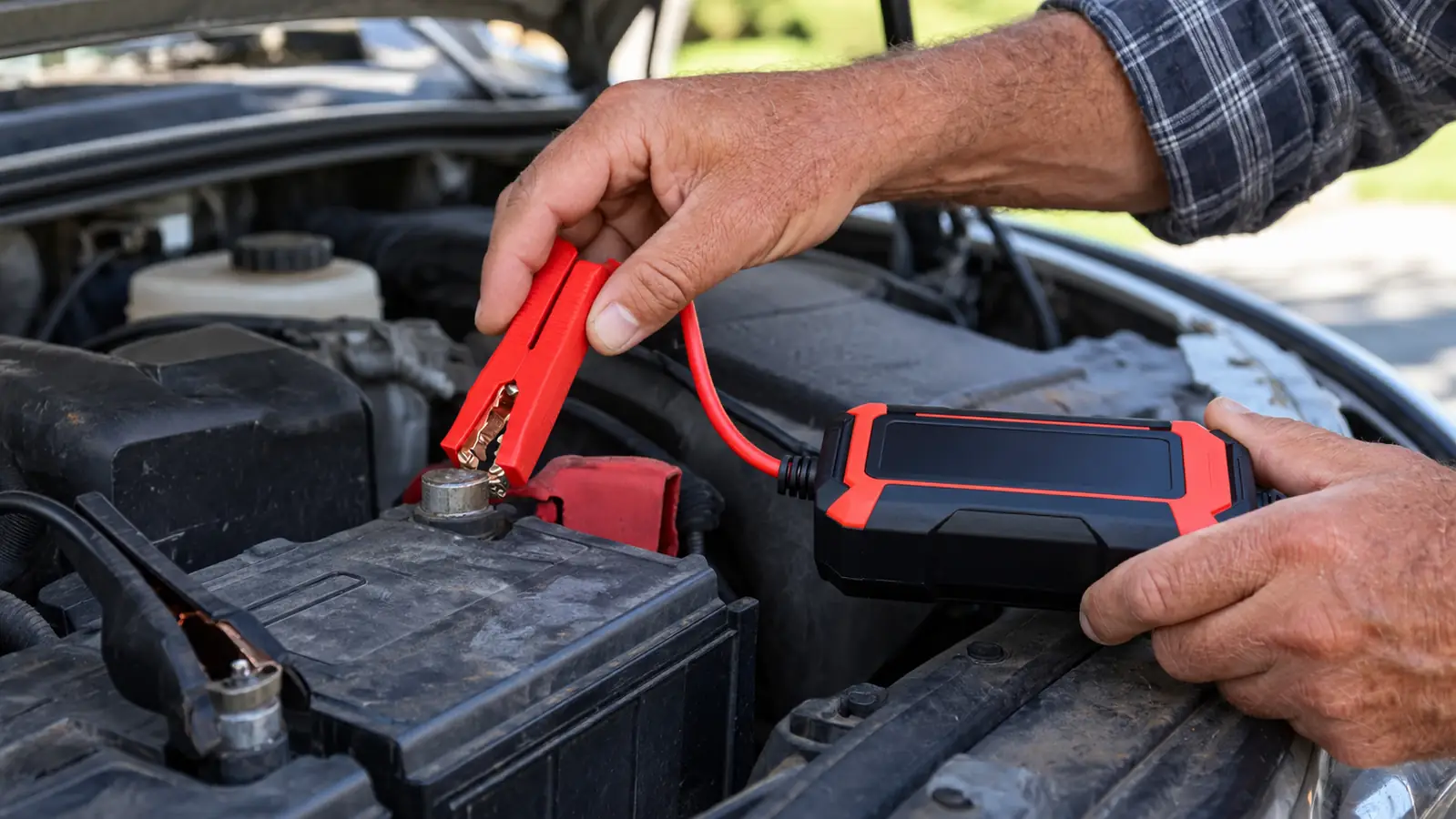 A hand connecting a red clamp to a battery terminal on a pickup truck