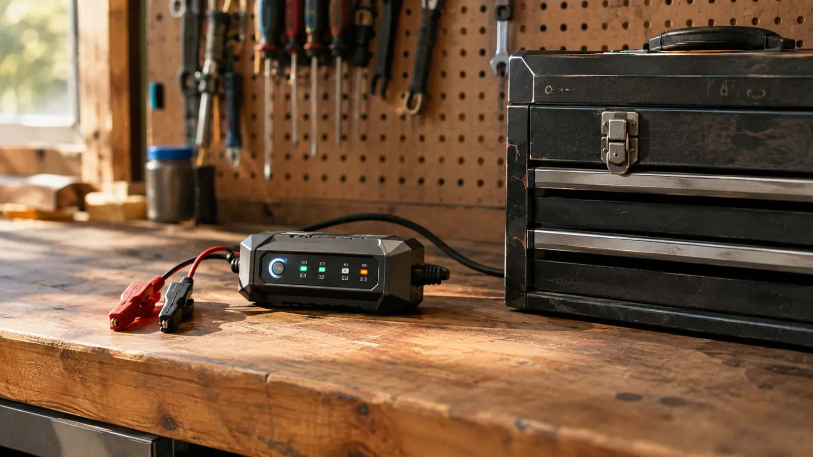 A battery maintainer resting on a workbench next to a toolbox in a garage