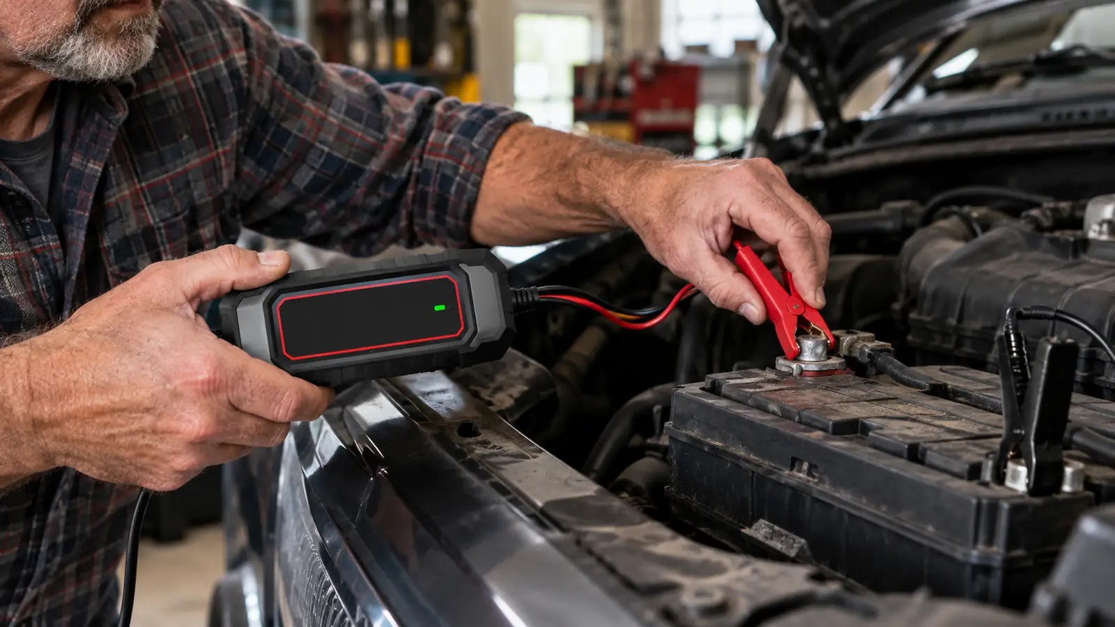A hand connecting a battery maintainer clamp to a truck battery terminal