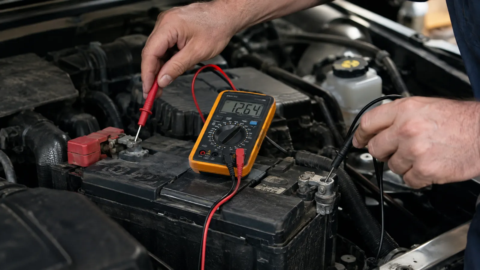 A multimeter checking the resting voltage of a truck battery