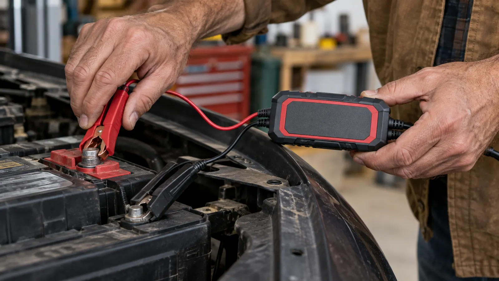 A hand attaching a red battery clamp to a truck battery terminal