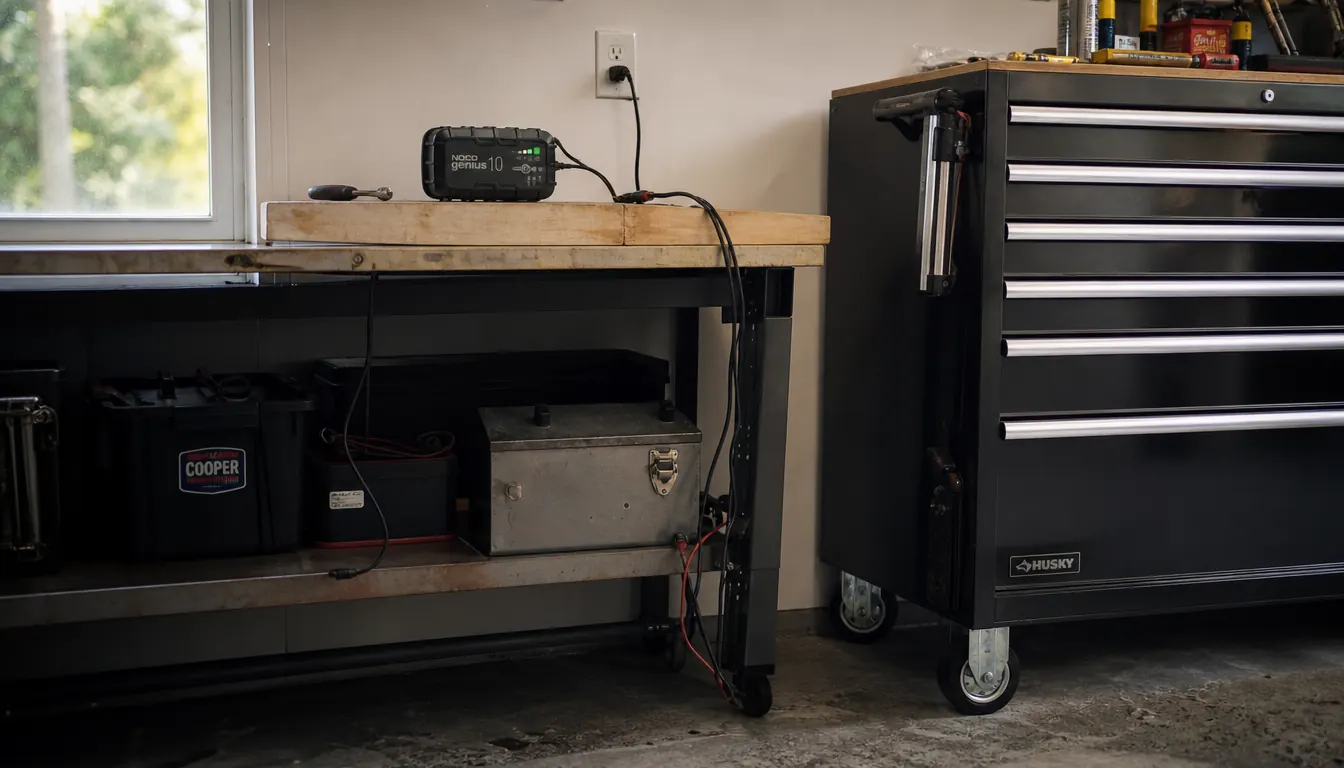 A battery maintainer plugged into a wall outlet on a garage workbench beside a rolling tool chest