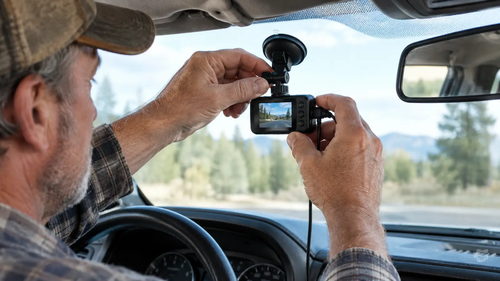 A hand mounting a dash cam on a windshield inside a pickup truck